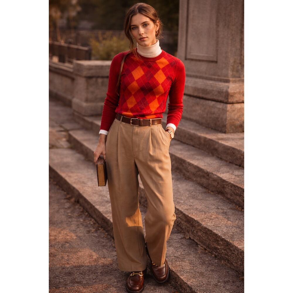 Vintage 90s Burberry London Wool Argyle Sweater Turtleneck Red Small Preppy